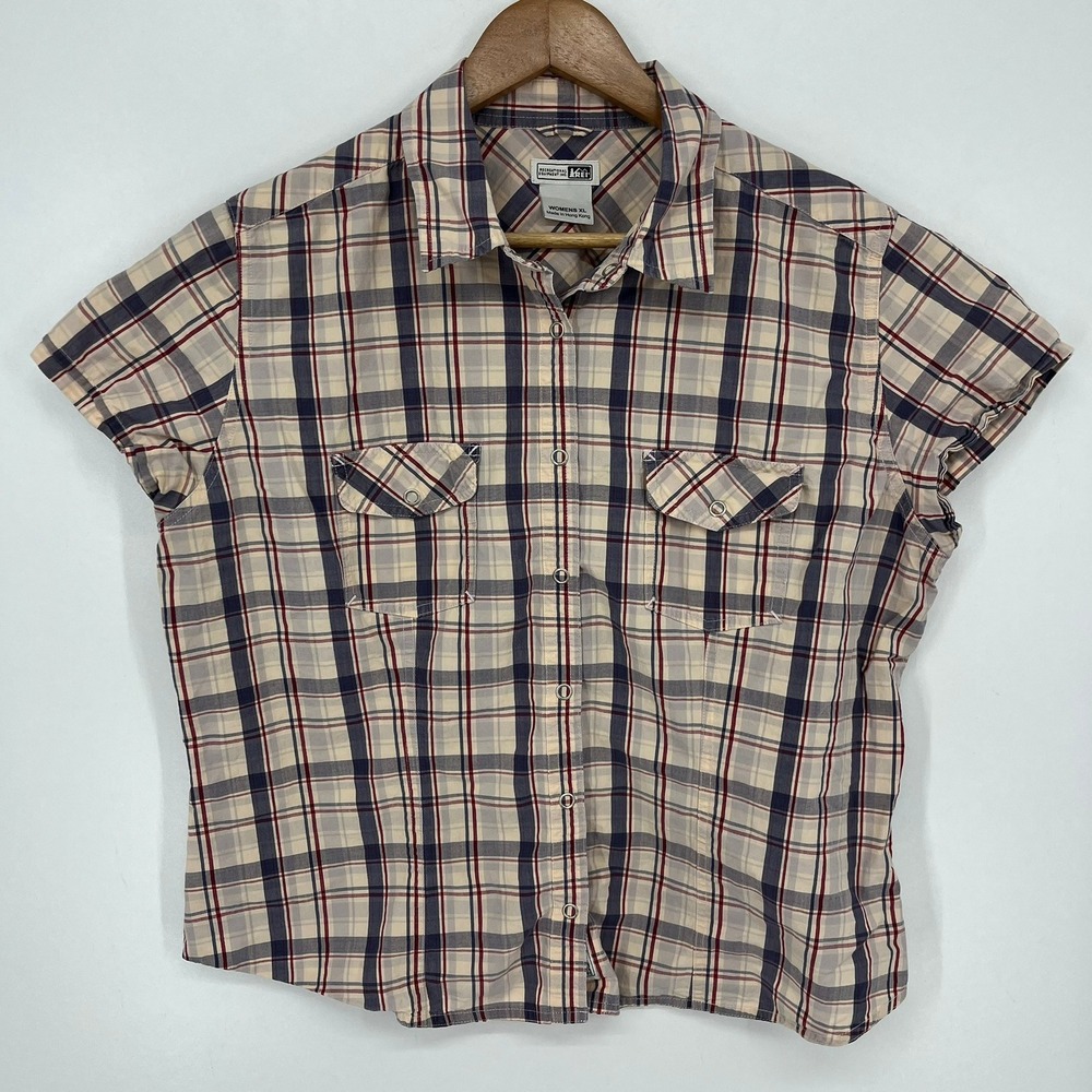 REI Womens XL Plaid Short Sleeve Snap Button Up Cotton Shirt Blue Red Cream
